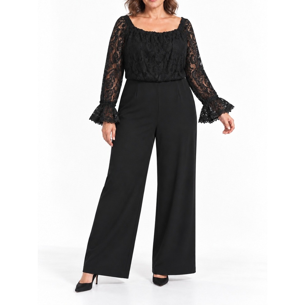 Adrianna Papell Jumpsuit Lace Off Shoulder Black Women 16 Elegant Evening Chic